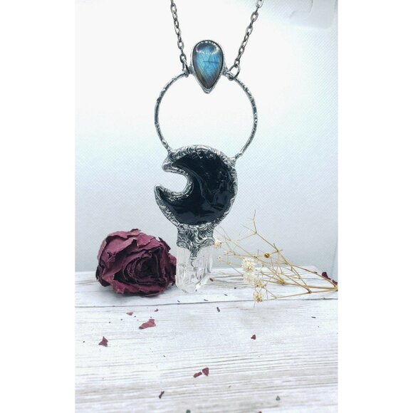 Labadorite and Obsidian Crystal Moon and kunzite crystal statement necklace - Picture 5 of 12
